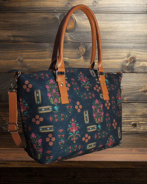 Ethnic Floral Motifs Print Canvas Tote Bag