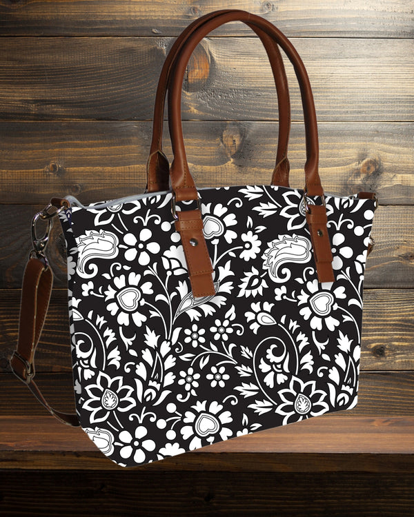 Monochrome Floral Print Canvas Tote Bag