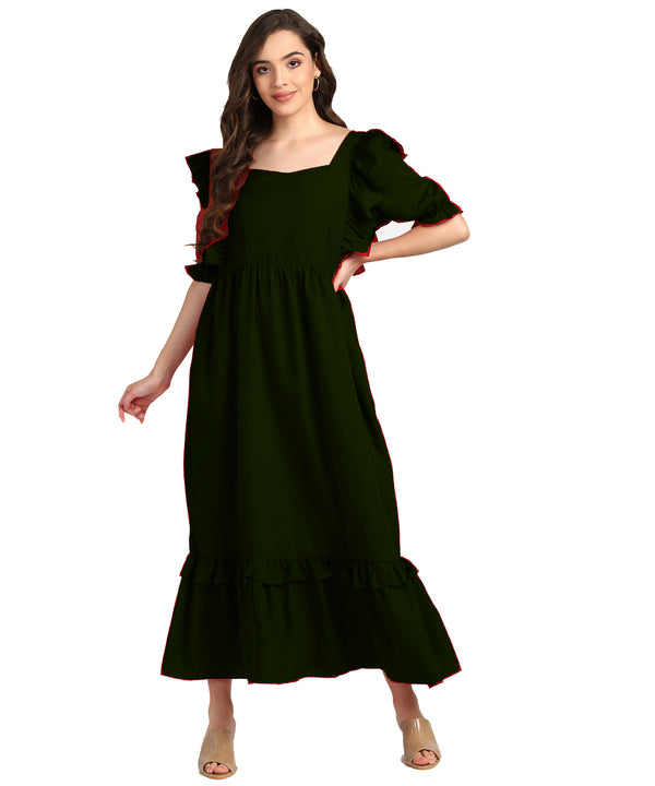 Elegant  Frilled Ankle-Length Maxi Spandex Green Dress