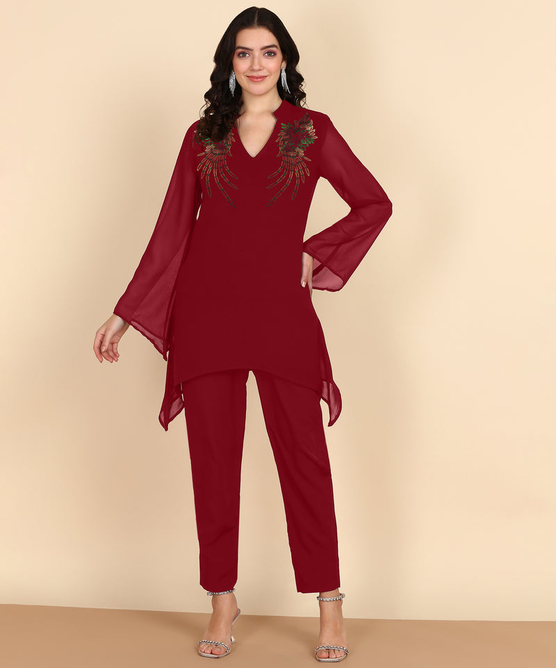 Women's Sequins Motifs Embellished Asymmetric Kurti Pant Set