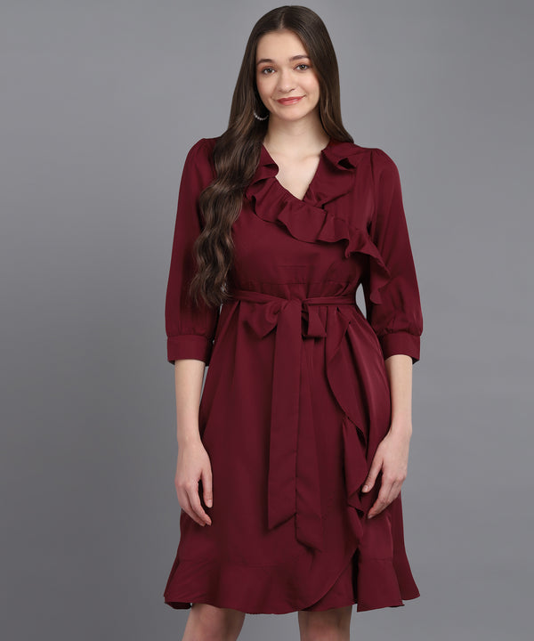 Frilled Ankle-Length Polyester Dress