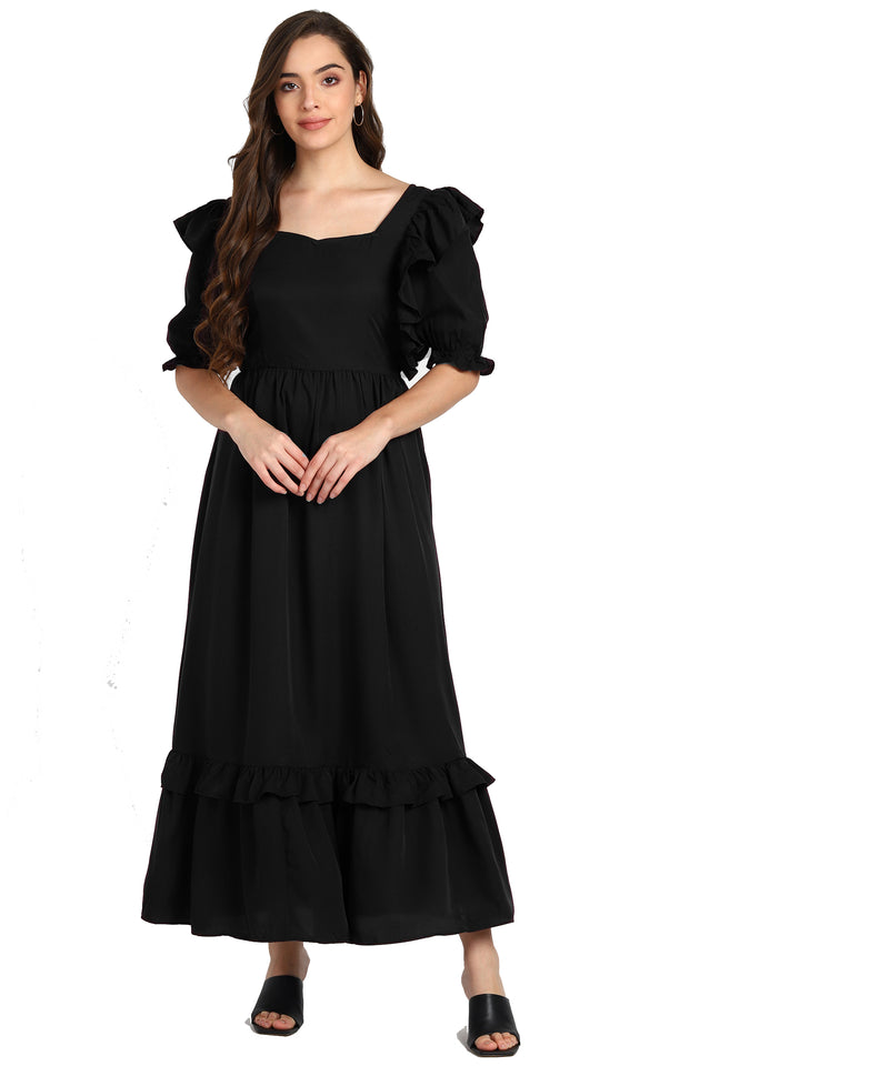 Elegant Waves Frilled Ankle-Length Black Spandex Dress