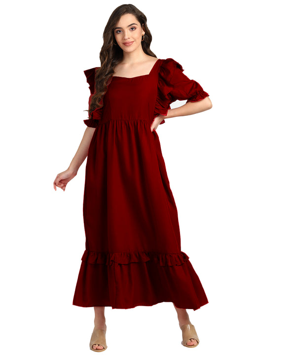 Elegant Frilled Ankle-Length Maroon Spandex Dress