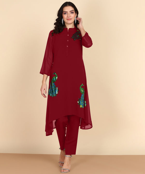 Women's Sequins Motifs Embellished Asymmetric Kurti Pant Set