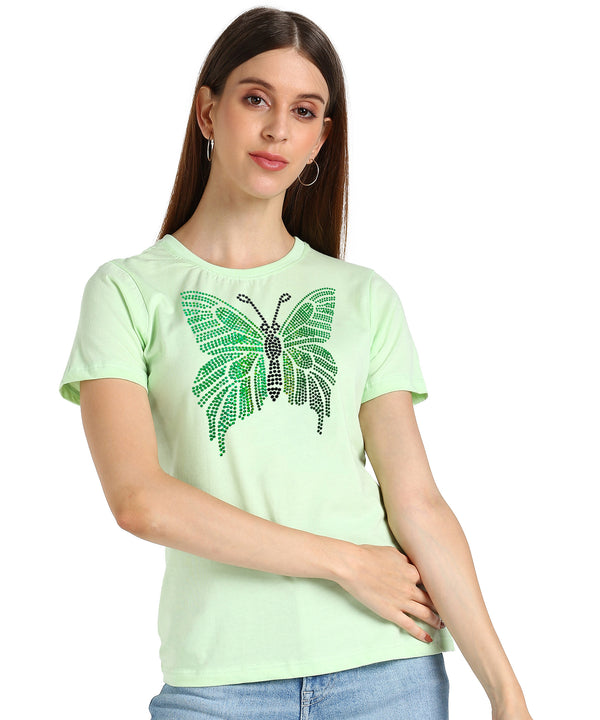 Women Sequins Motifs Embellished Cotton T-shirt