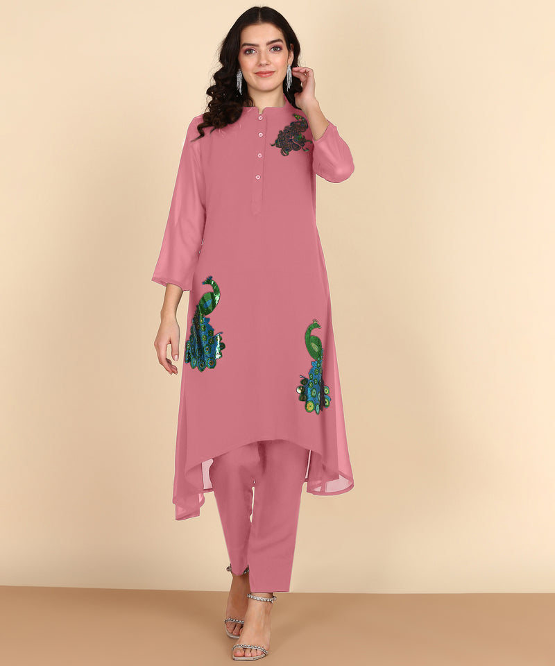 Women's Sequins Motifs Embellished Asymmetric Kurti Pant Set