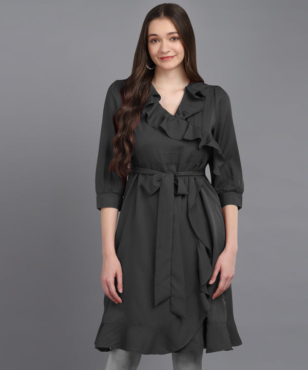 Frilled Ankle-Length Polyester Dress