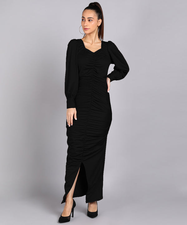 Sultry Sophistication Gathered Front Slit Bodycon Maxi Black Dress