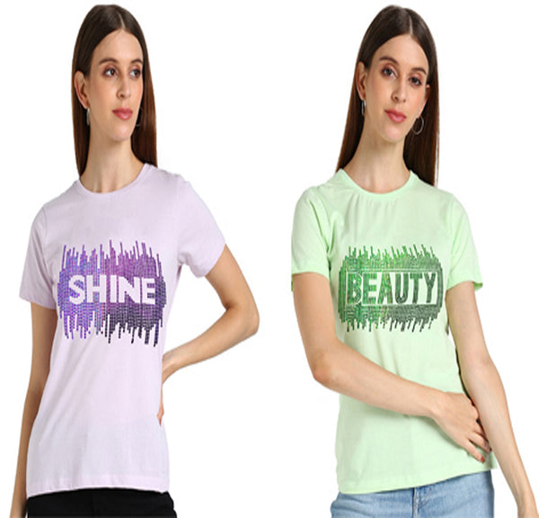 Sparkle Every Day with the Pack of 2 Women's Cotton Sequins Motifs T-Shirts