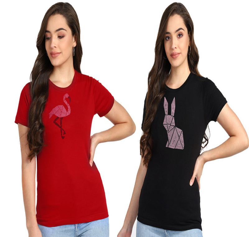 Women’s Cotton Sequin Motifs T-Shirt Combo Pack of 2