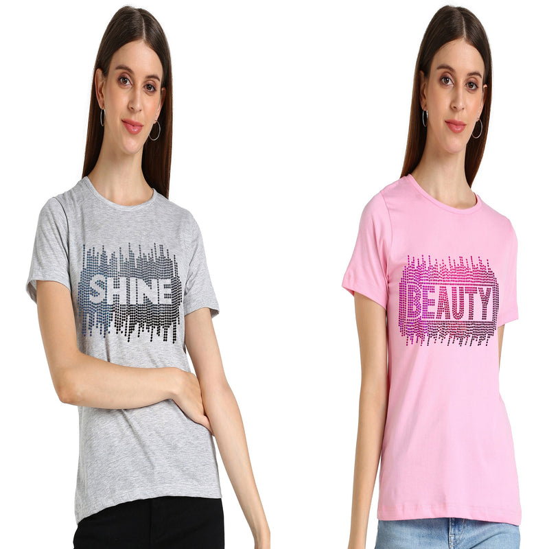Sparkle Every Day with the Pack of 2 Women's Cotton Sequins Motifs T-Shirts