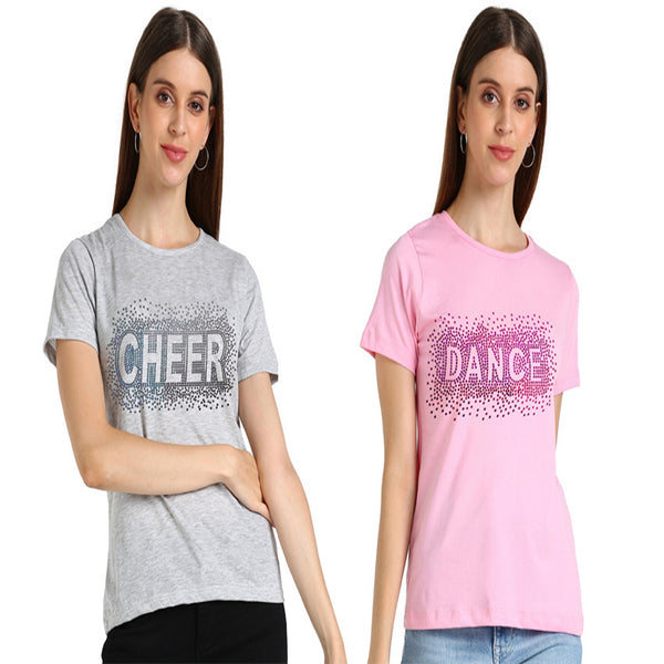 Shimmer in Style with the Pack of 2 Women's Cotton Sequins Motifs T-Shirts