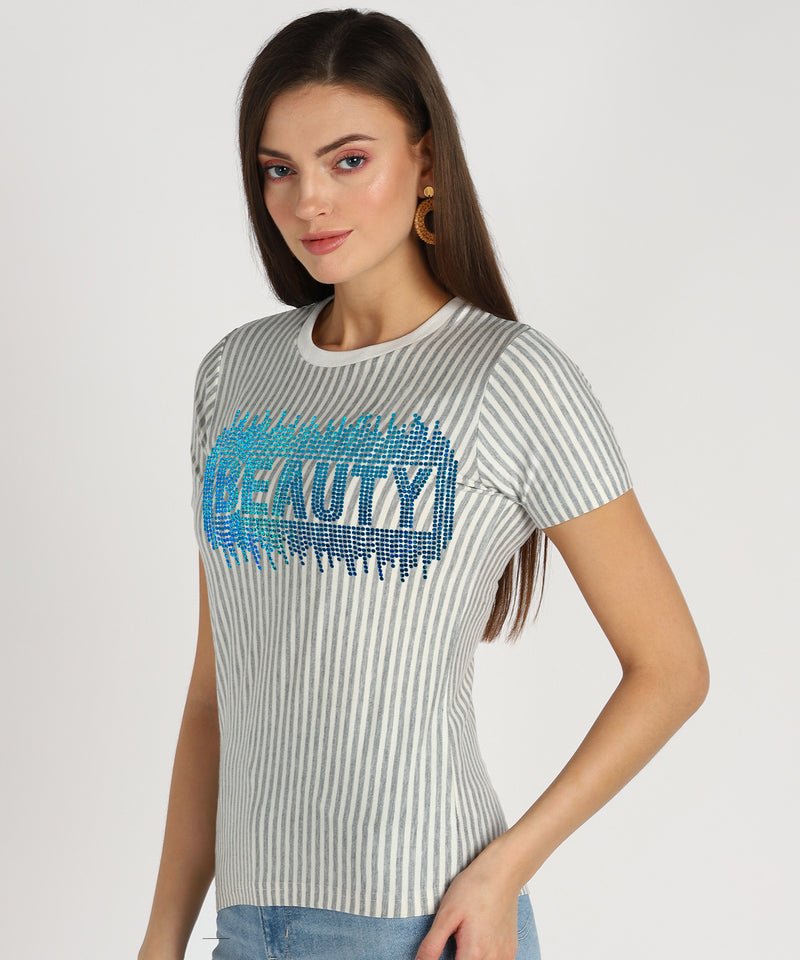 Women Sequins Motifs Embellished Cotton T-shirt