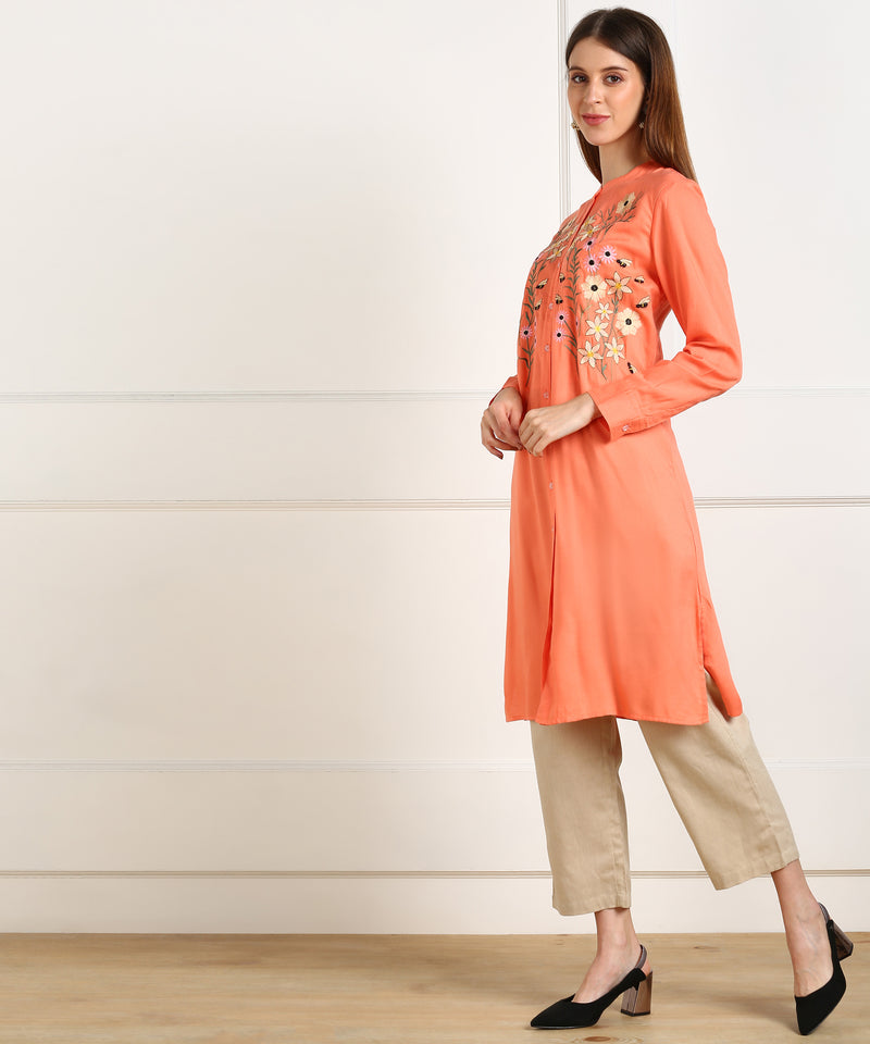 Elegant Floral Embroidered Rayon Shirt Style Kurti