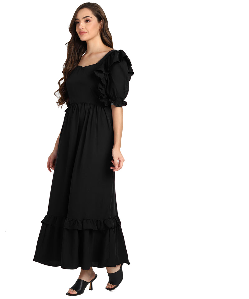 Elegant Waves Frilled Ankle-Length Black Spandex Dress