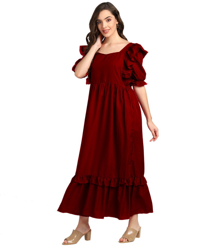 Elegant Frilled Ankle-Length Maroon Spandex Dress