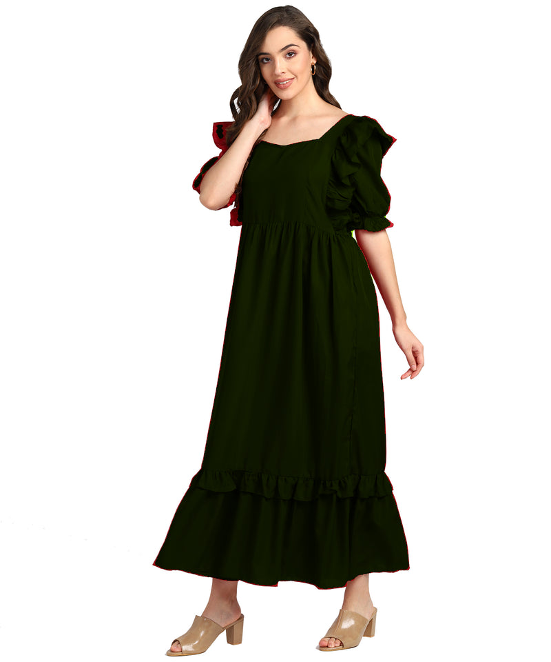 Elegant  Frilled Ankle-Length Maxi Spandex Green Dress