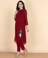 Women's Sequins Motifs Embellished Asymmetric Kurti Pant Set