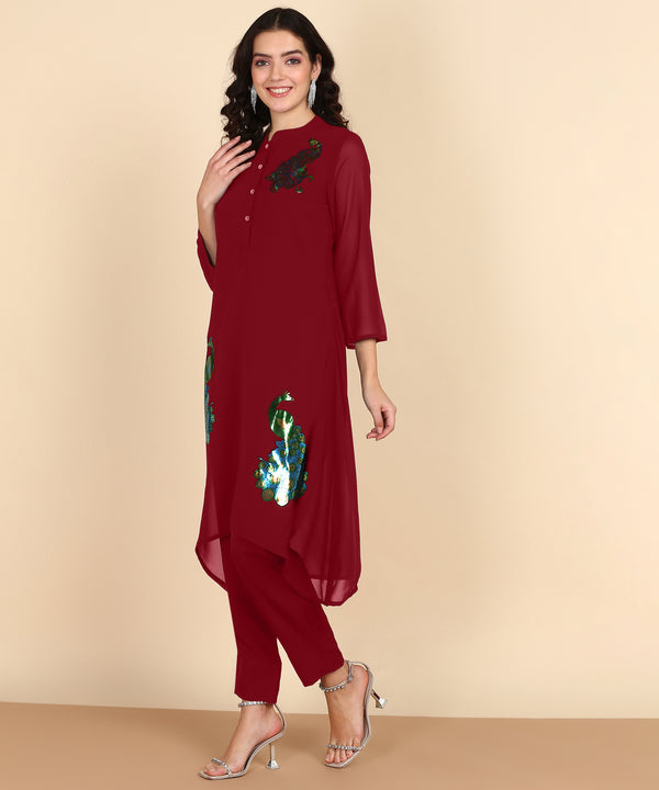 Women's Sequins Motifs Embellished Asymmetric Kurti Pant Set