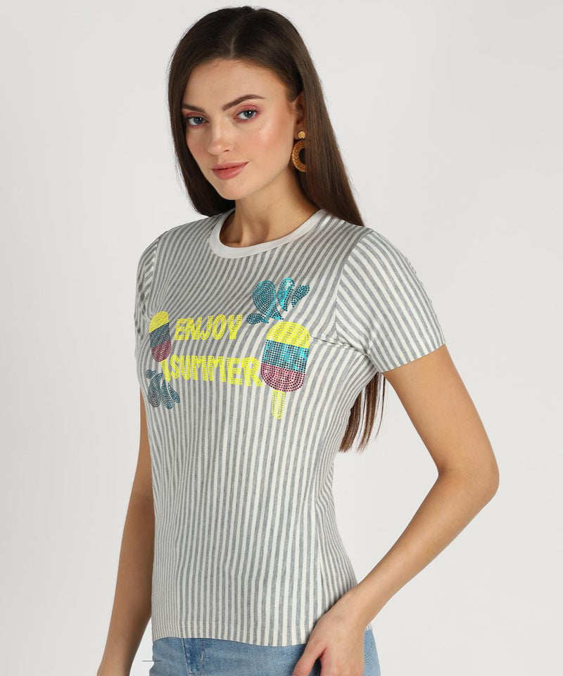 Women's Sequins Motifs Embellished Cotton T-shirt