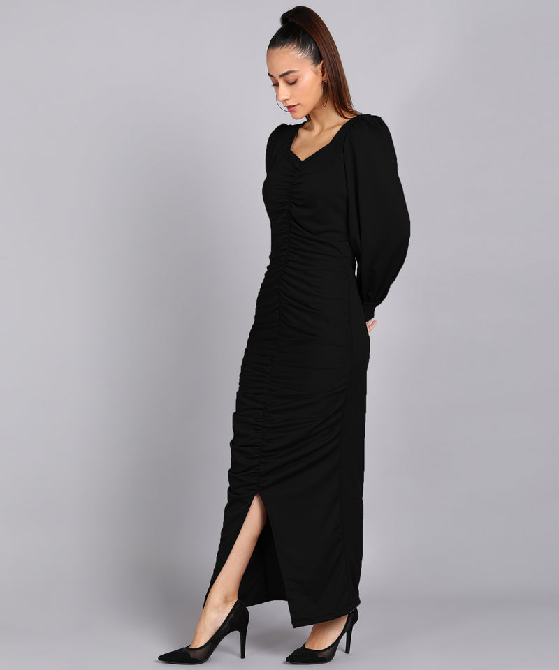 Sultry Sophistication Gathered Front Slit Bodycon Maxi Black Dress