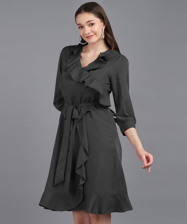 Frilled Ankle-Length Polyester Dress