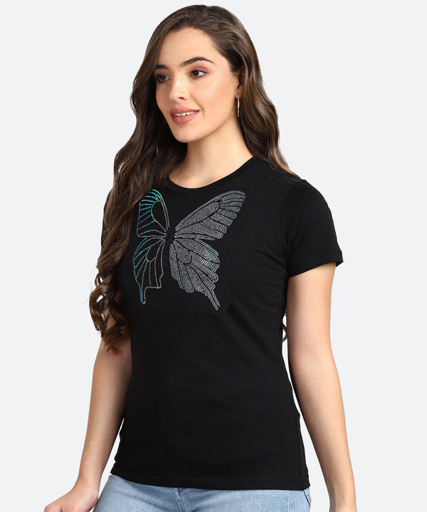 WOMEN EMBELLISHED T SHIRT STS 63 BLACK