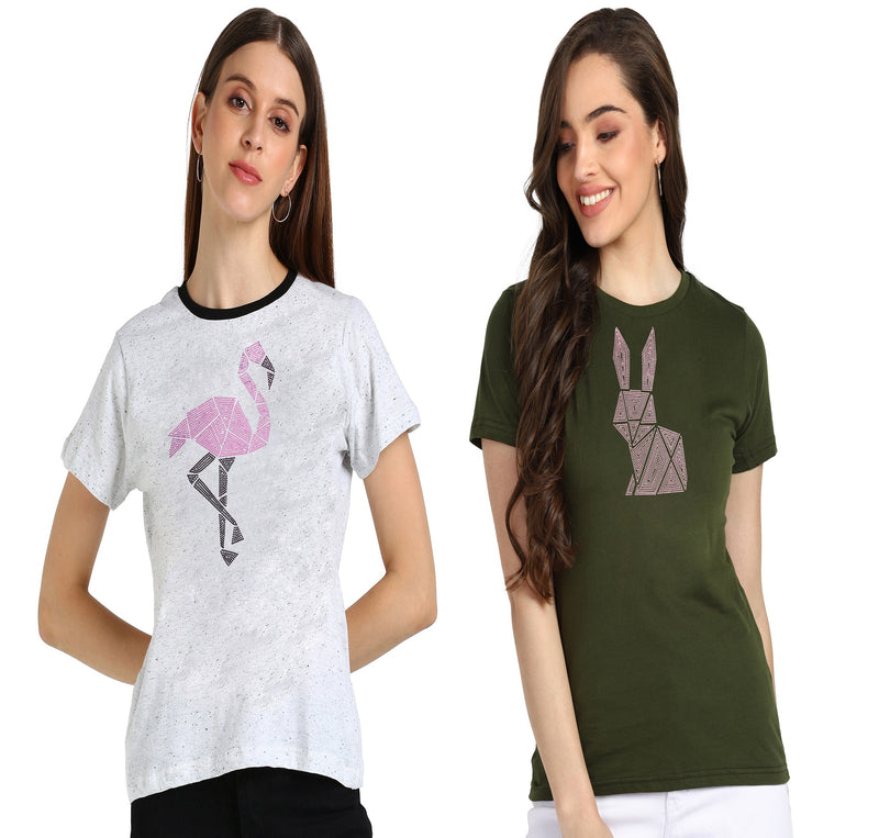 Women’s Cotton Sequin Motifs T-Shirt Combo Pack of 2