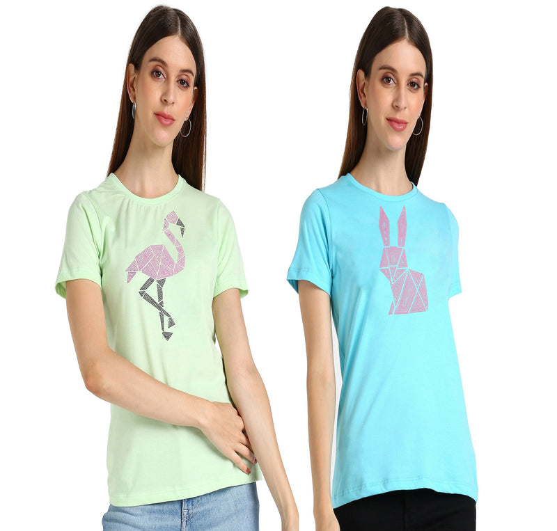 Women’s Cotton Sequin Motifs T-Shirt Combo Pack of 2