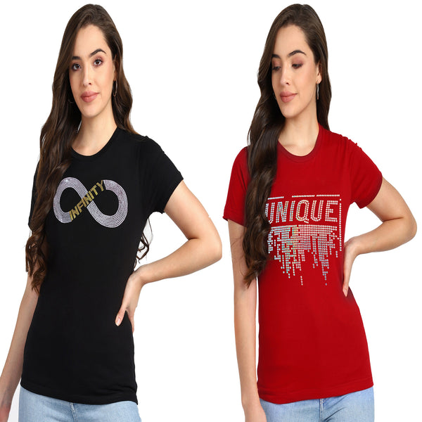 Women's Cotton Sequin Motif T-Shirt Combo
