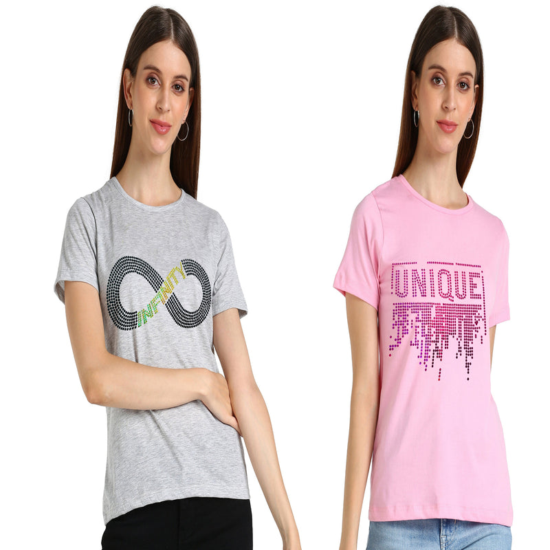 Women's Cotton Sequin Motif T-Shirt Combo