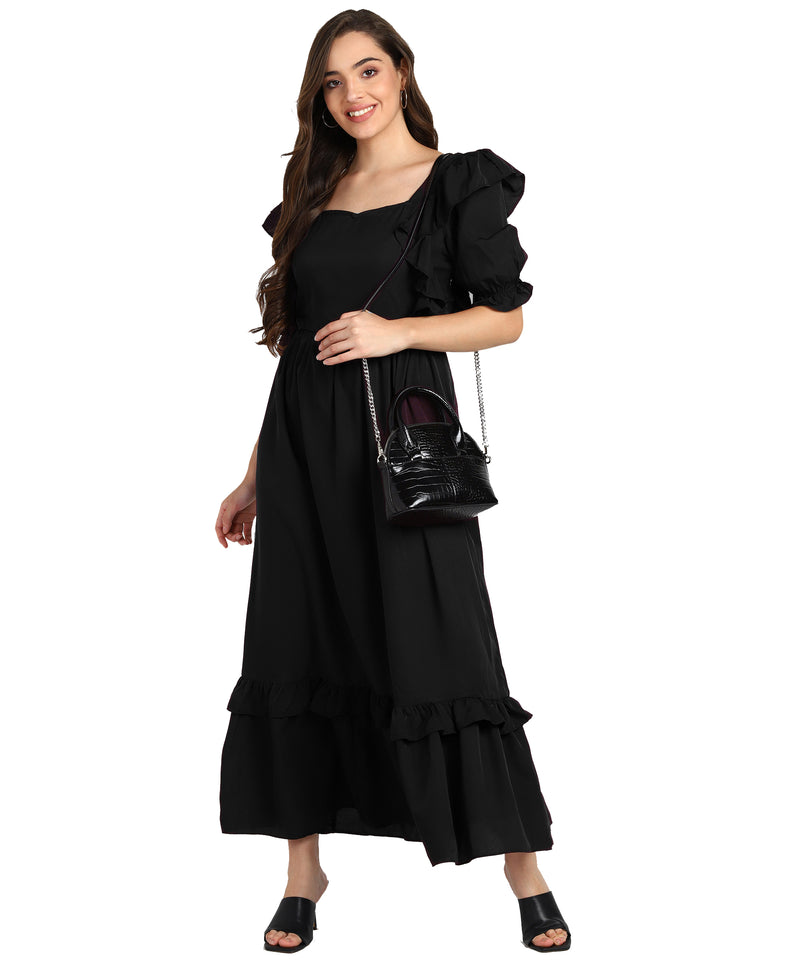 Elegant Waves Frilled Ankle-Length Black Spandex Dress