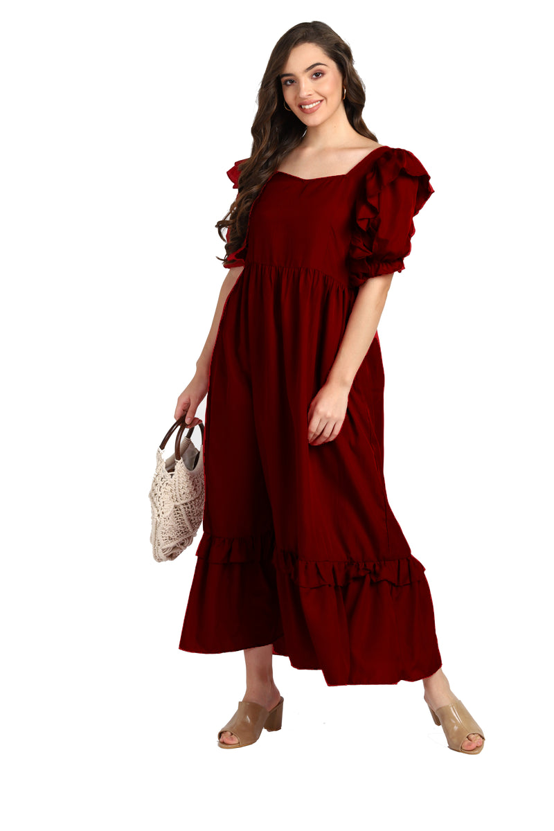 Elegant Frilled Ankle-Length Maroon Spandex Dress