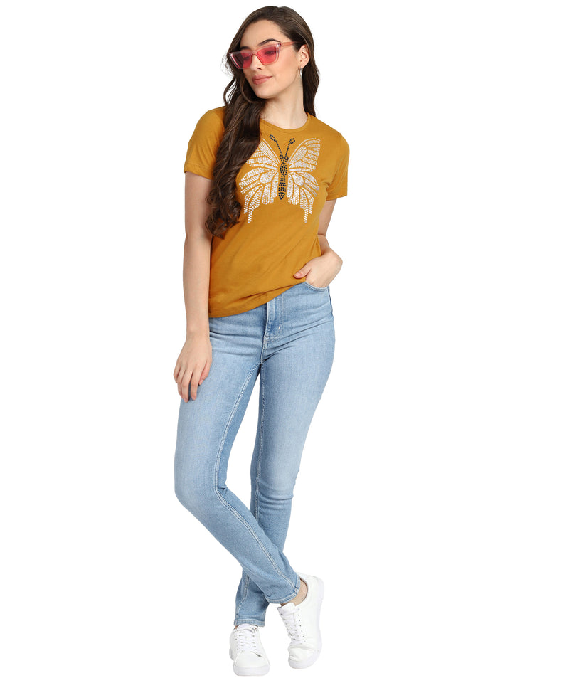 Women Sequins Motifs Embellished Cotton T-shirt