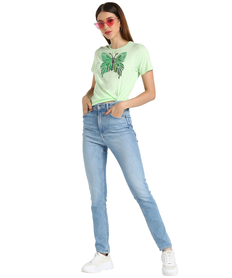 Women Sequins Motifs Embellished Cotton T-shirt