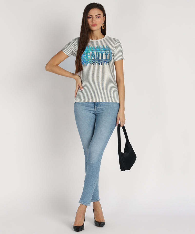 Women Sequins Motifs Embellished Cotton T-shirt