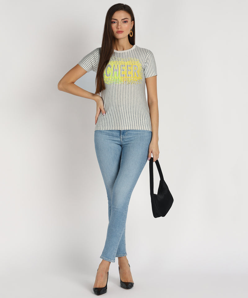 Women Sequins Motifs Embellished Cotton T-shirt