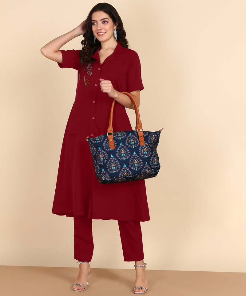 Women's Sequins Motifs Embellished Asymmetric Kurti Pant Set