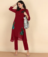 Women's Sequins Motifs Embellished Asymmetric Kurti Pant Set