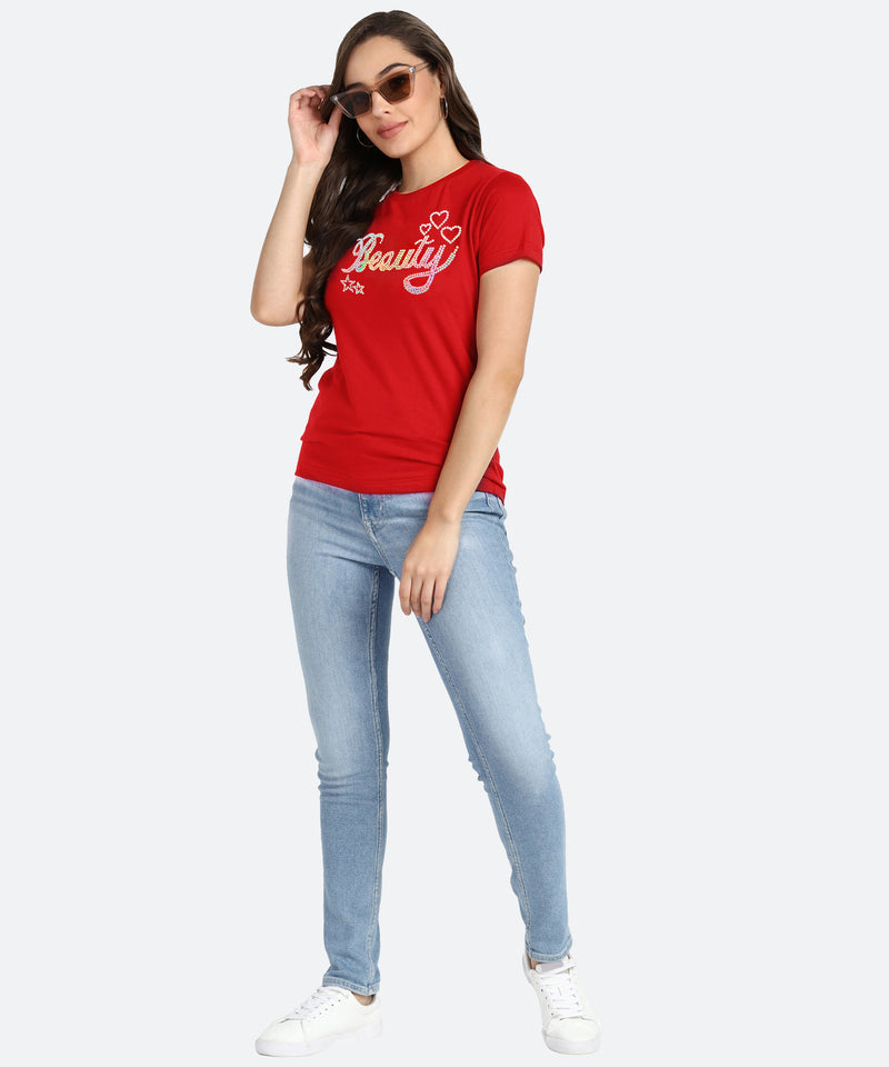 Women Sequins Motifs Embellished Cotton T-shirt