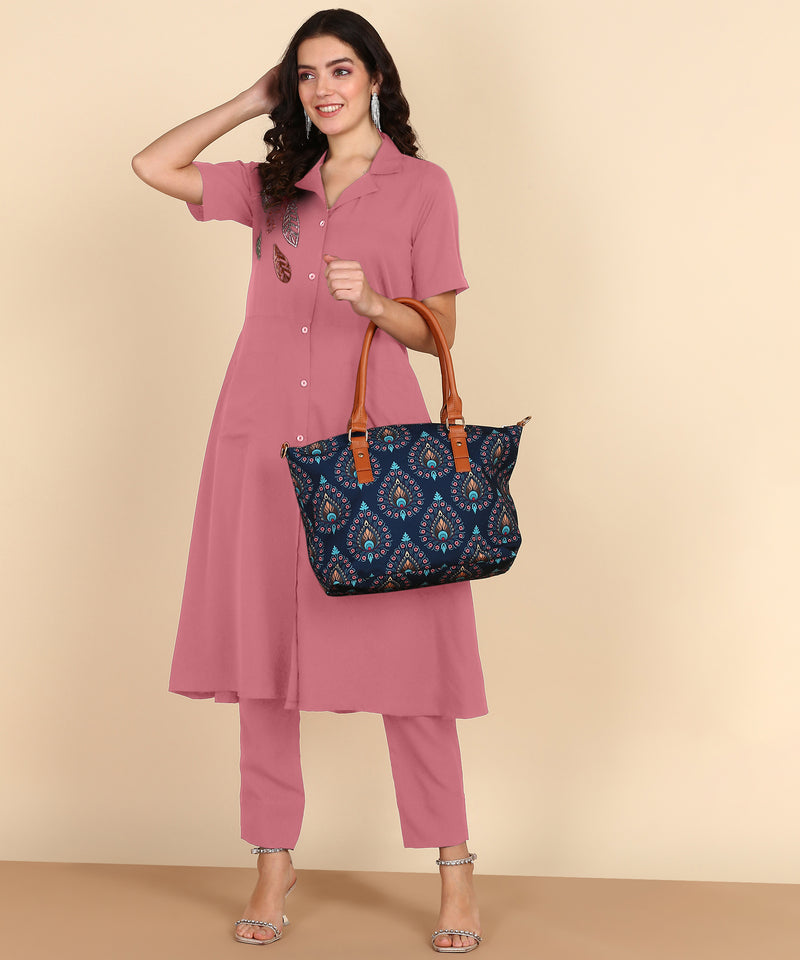 Women's Sequins Motifs Embellished Asymmetric Kurti Pant Set