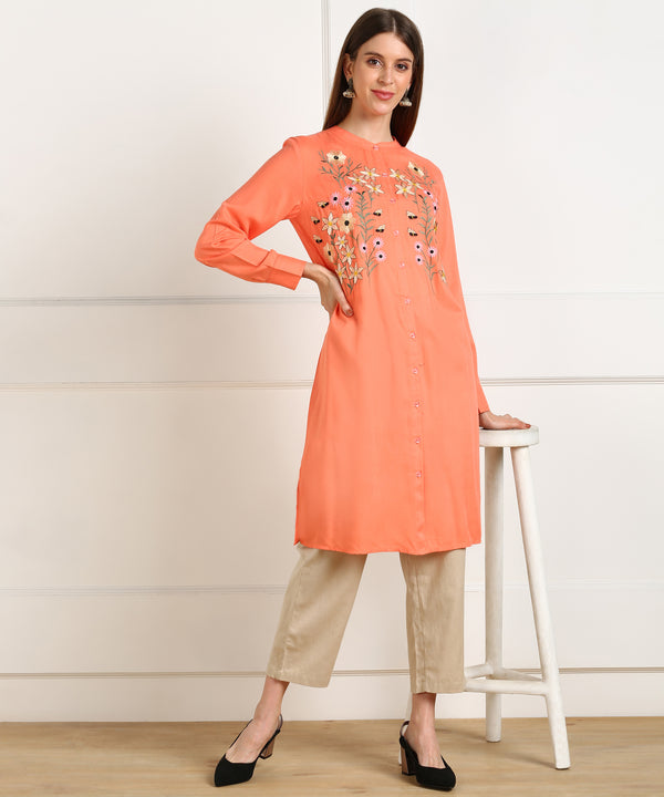 Elegant Floral Embroidered Rayon Shirt Style Kurti