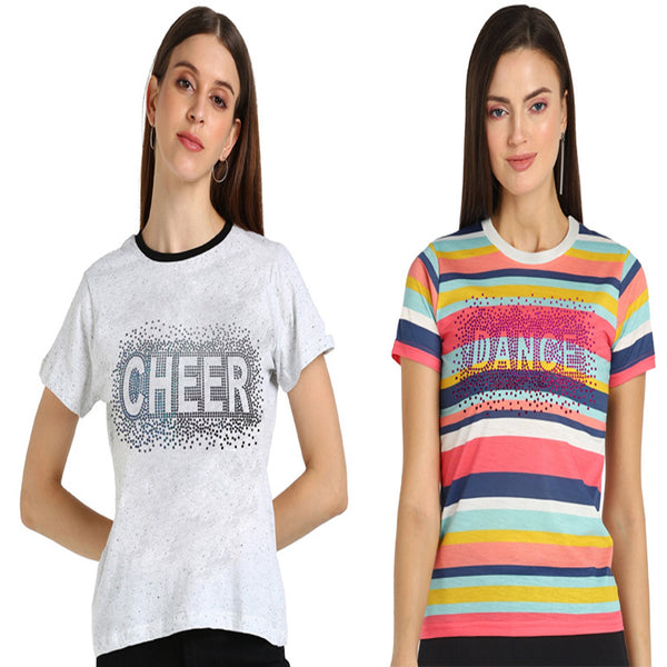 Shimmer in Style with the Pack of 2 Women's Cotton Sequins Motifs T-Shirts