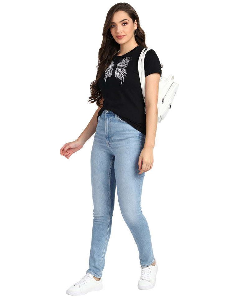 Women Sequins Motifs Embellished Cotton T-shirt