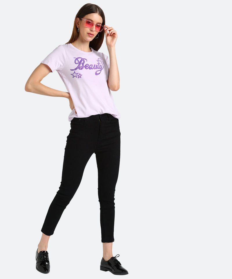 Women Sequins Motifs Embellished Cotton T-shirt