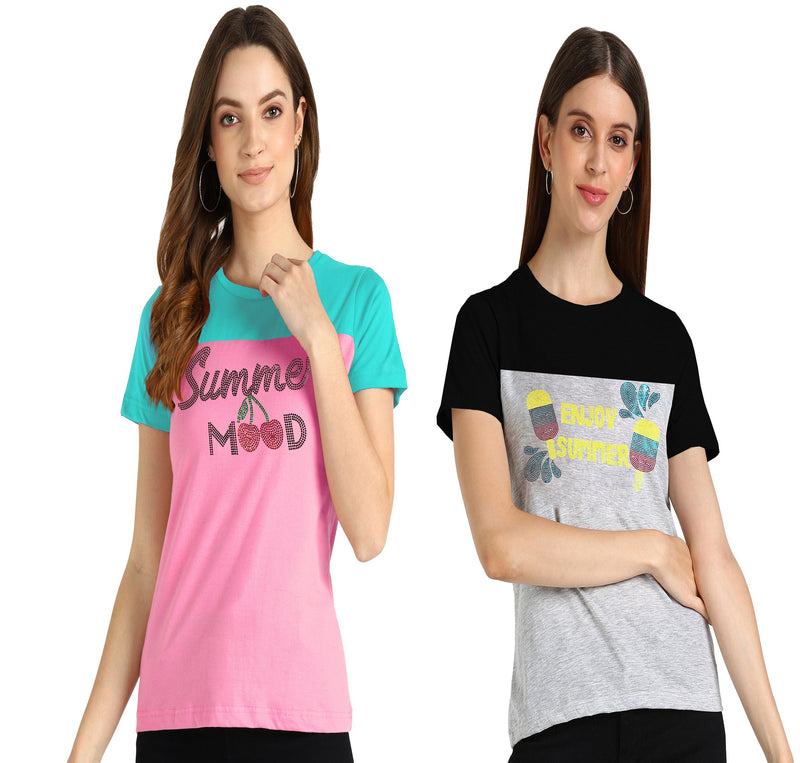 Women's Cotton Sequin Motif T-Shirt Combo