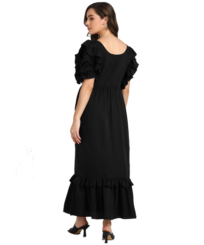 Elegant Waves Frilled Ankle-Length Black Spandex Dress