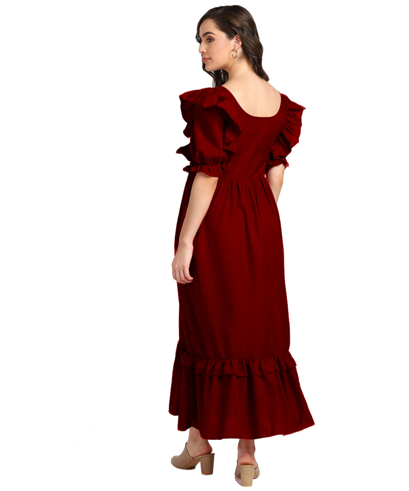 Elegant Frilled Ankle-Length Maroon Spandex Dress