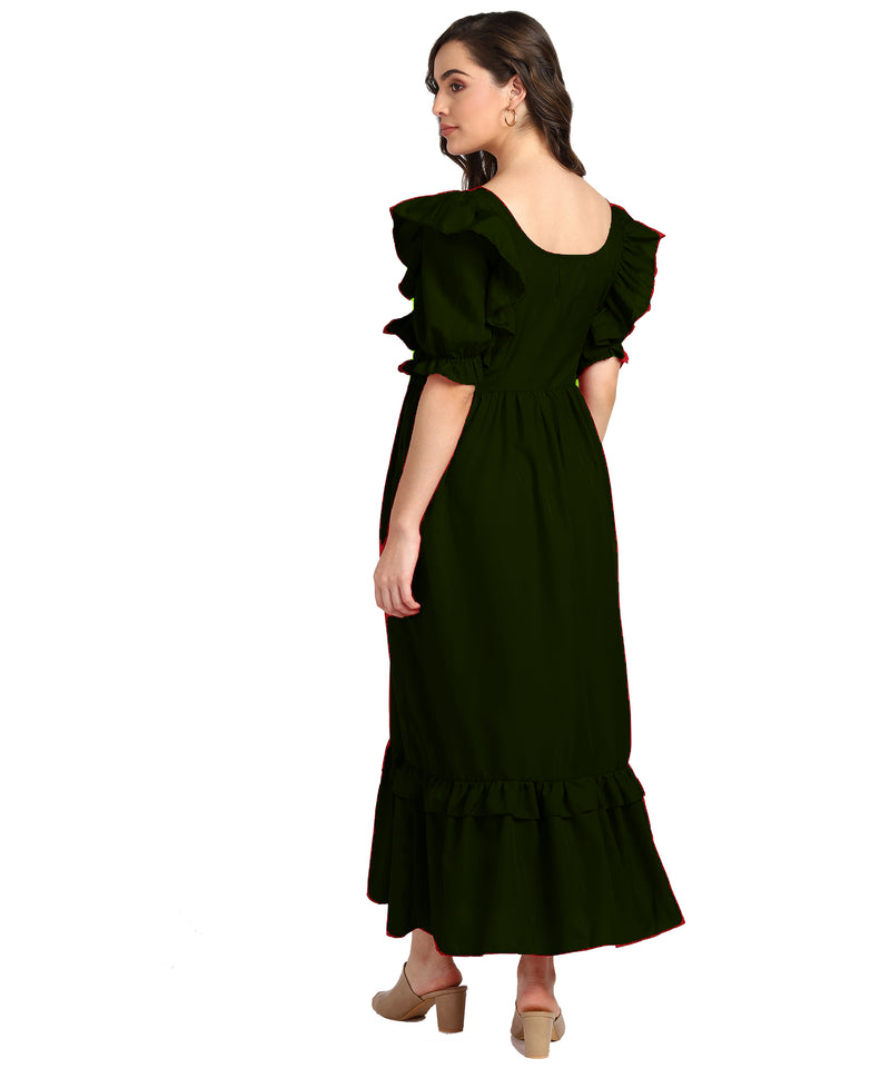 Elegant  Frilled Ankle-Length Maxi Spandex Green Dress