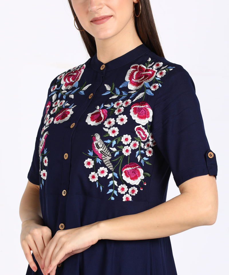 Graceful Floral Embroidered Rayon Shrug Kurti Set